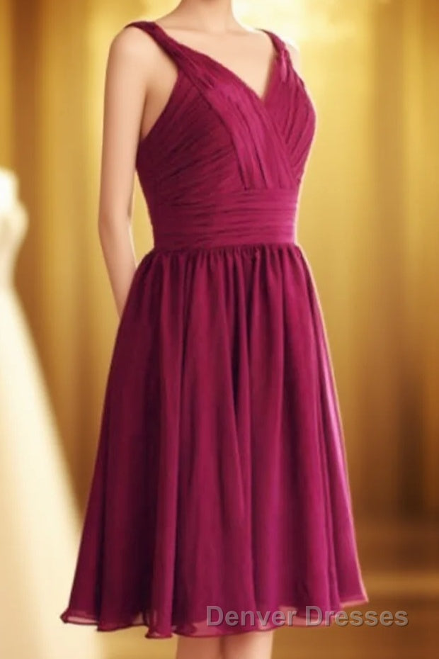 Magenta v-Neck Straps A-Line Short Bridesmaid Dress Main image