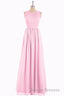Pink Chiffon Halter Cutout Back A-Line Long Bridesmaid Dress