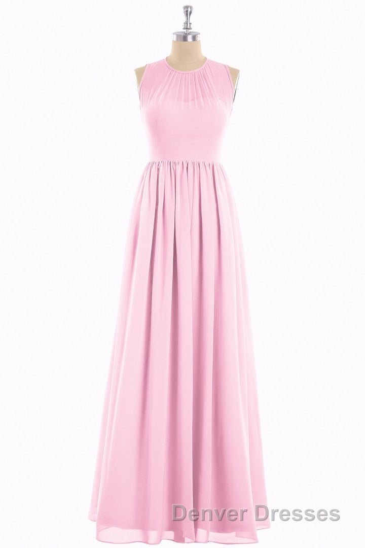 Pink Chiffon Halter Cutout Back A-Line Long Bridesmaid Dress