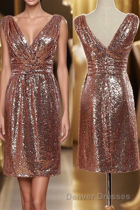 Rose Gold Sequin V-Neck Backless Short Bridesmaid Dress Main image