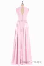 Pink Chiffon Halter Cutout Back A-Line Long Bridesmaid Dress