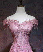 Burgundy Tulle Lace Off Shoulder Long Prom Dress, Burgundy Lace Evening Dress