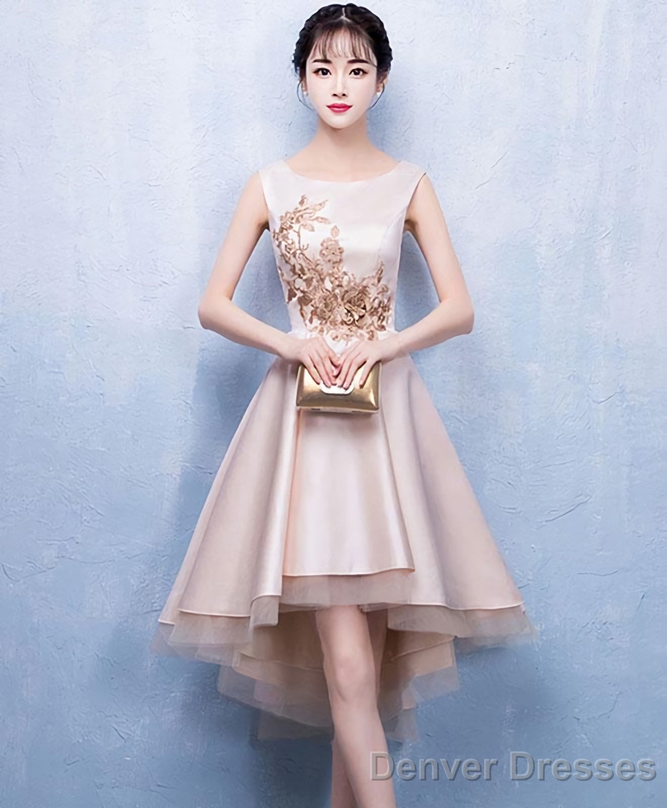 Champagne Satin Lace Short Prom Dress Champagne Homecoming Dress Main image