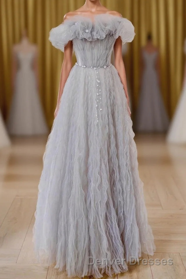 Gray Tulle A Line Off the Shoulder Formal Evening Dress Long Prom Dress Main image