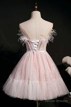 Pink Feather Strapless A-Line Short Homecoming Dress