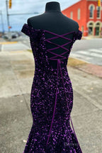 Purple Sequin Off-the-Shoulder Lace-Up Mermaid Long Dress