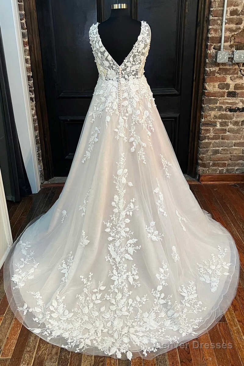 Ivory Appliques V-Neck Backless A-Line Long Wedding Dress Secondary image