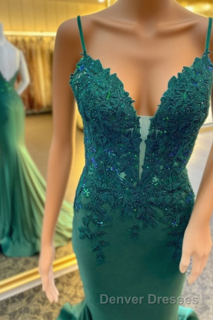 Hunter Green Floral Plunging V Mermaid Long Prom Dress Main image