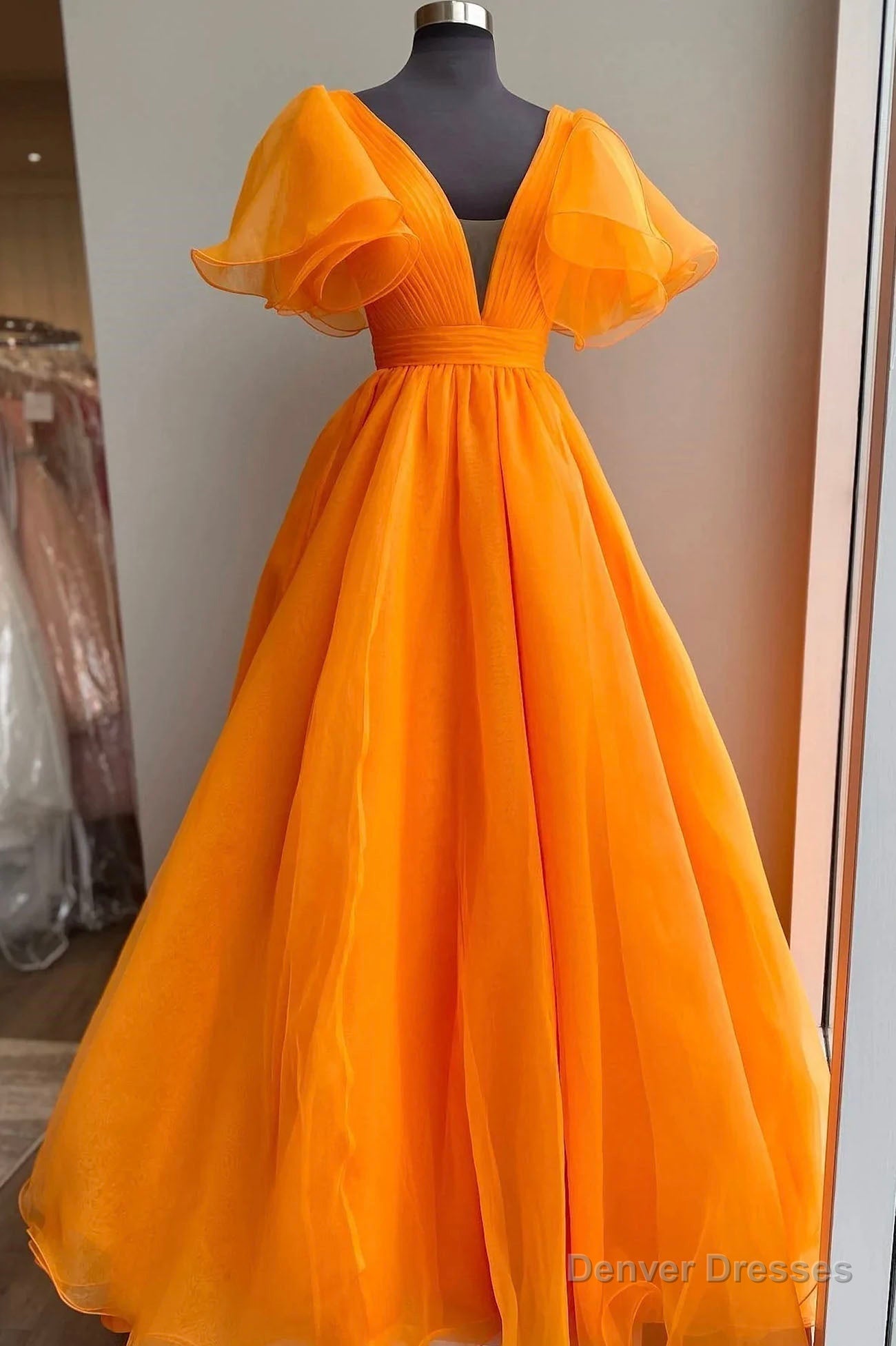 Orange Organza Long A-Line Prom Dress, Beautiful V-Neck Evening Dress Main image