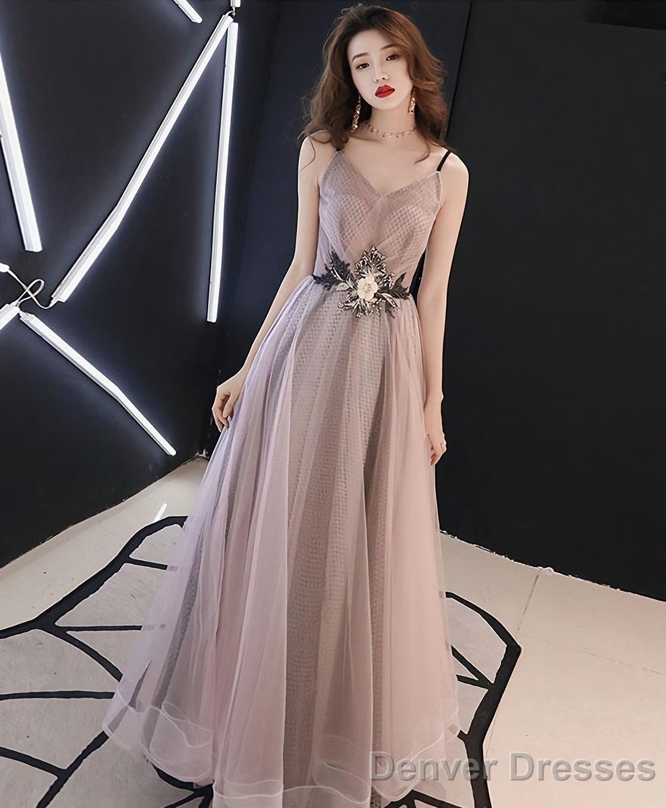 Champagne V Neck Tulle Long Prom Dress Evening Dress Main image