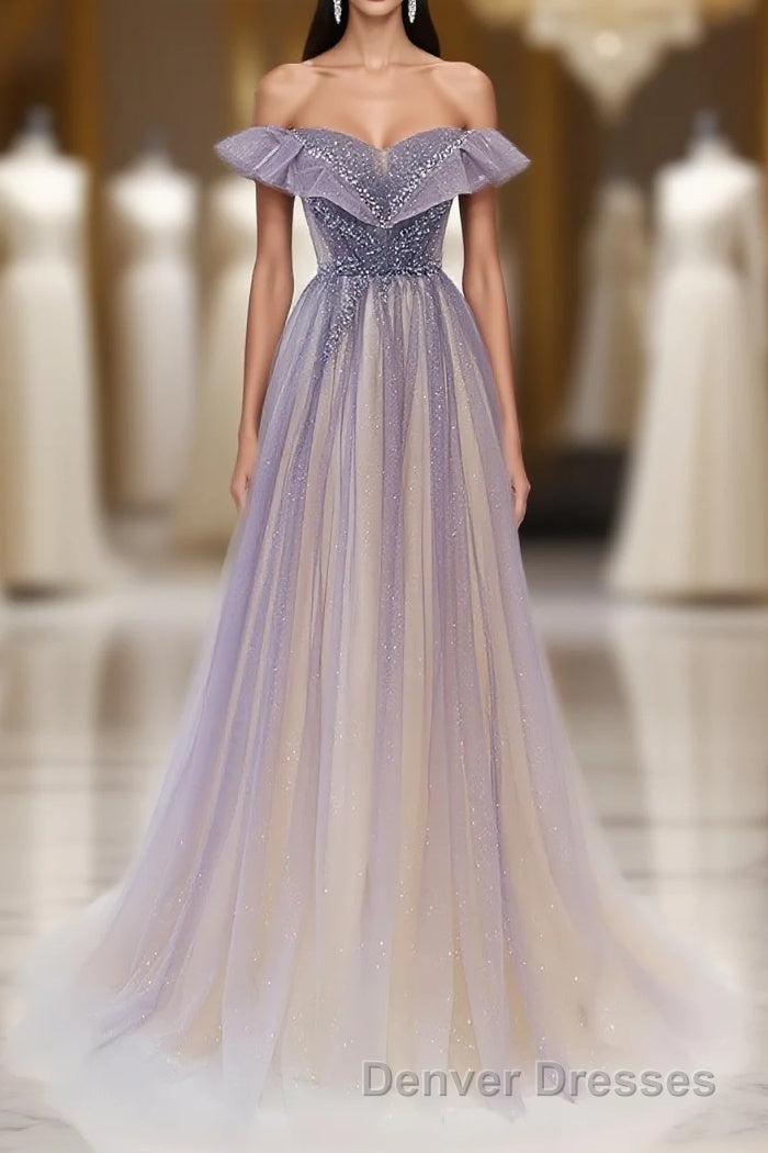 Purple Off Shoulder Tulle Sequin Long Prom Dress, Purple Evening Dress Main image