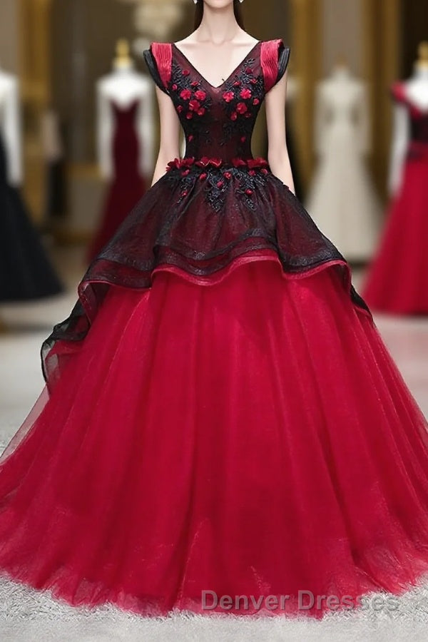 Unique Burgundy V Neck Tulle Long Prom Dress, Burgundy Evening Dress Main image