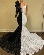 Hot Half Black Half White One shoulder Long Sleeves Mermaid Prom Dress