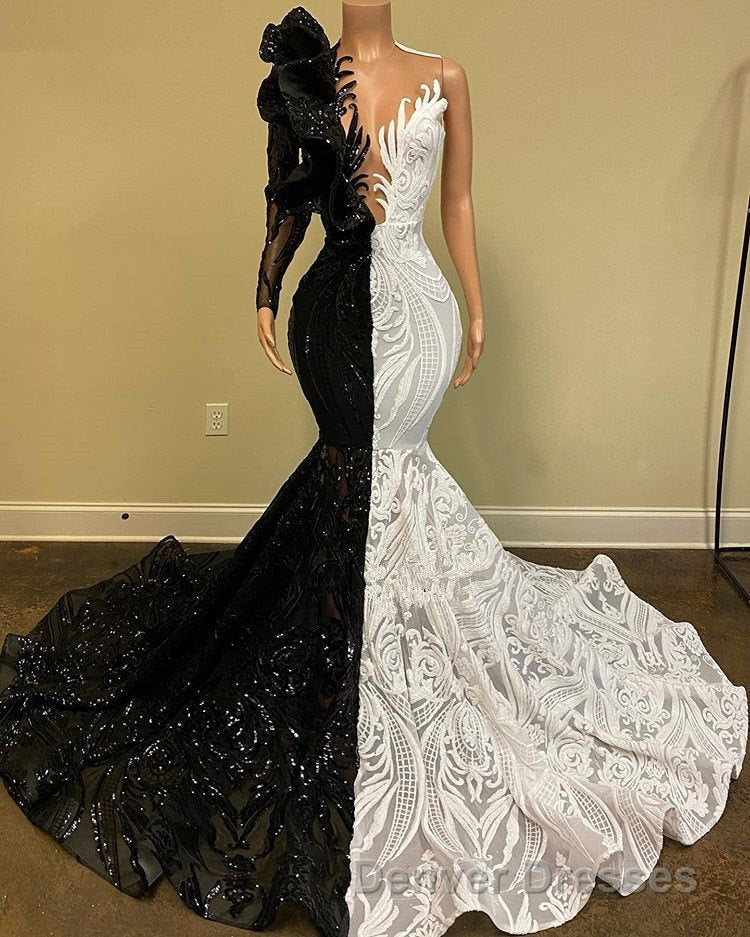 Hot Half Black Half White One shoulder Long Sleeves Mermaid Prom Dress