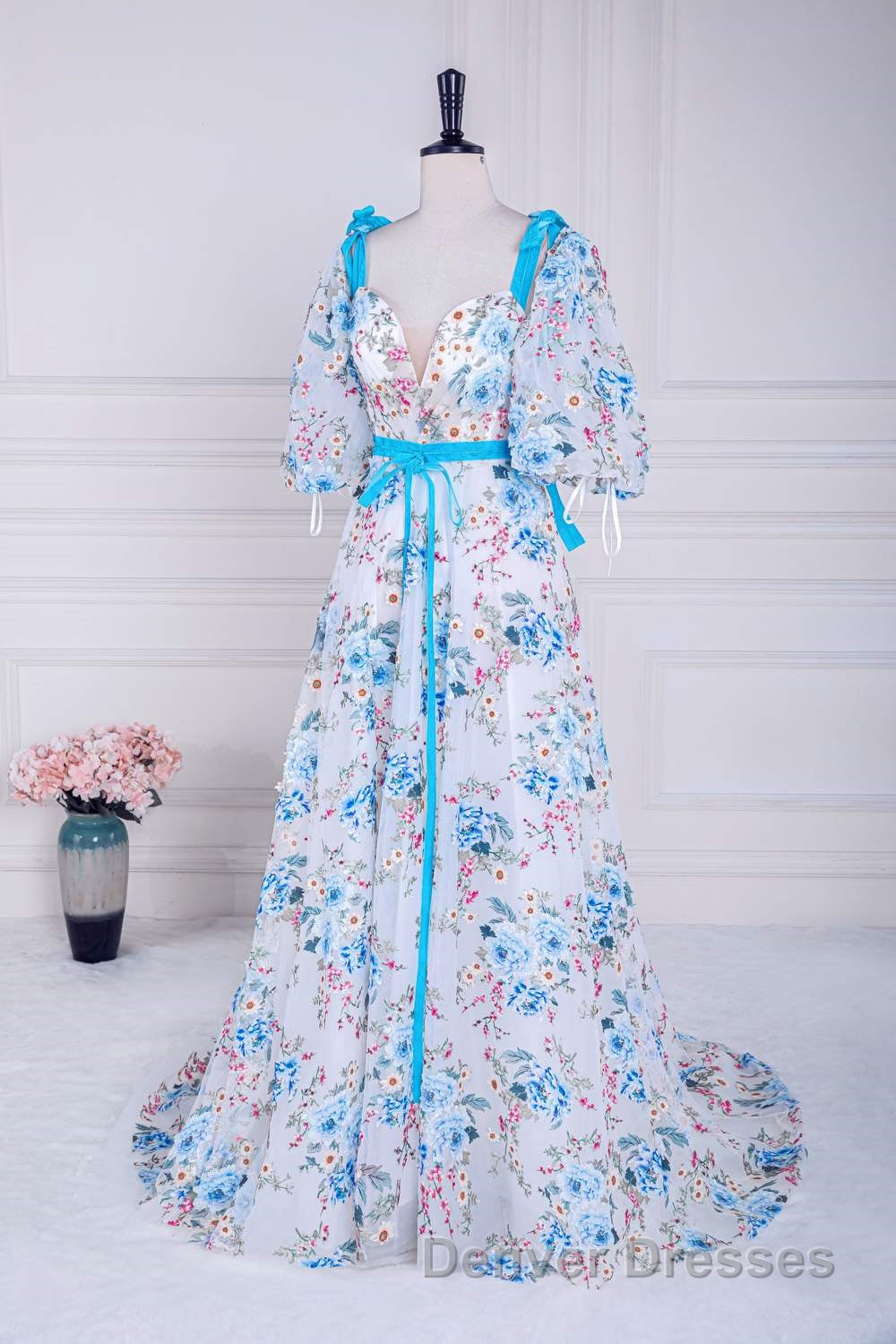 Blue and White Floral Bow Tie Straps A-line Long Prom Dress with Slit Secondary image