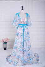 Blue and White Floral Bow Tie Straps A-line Long Prom Dress with Slit