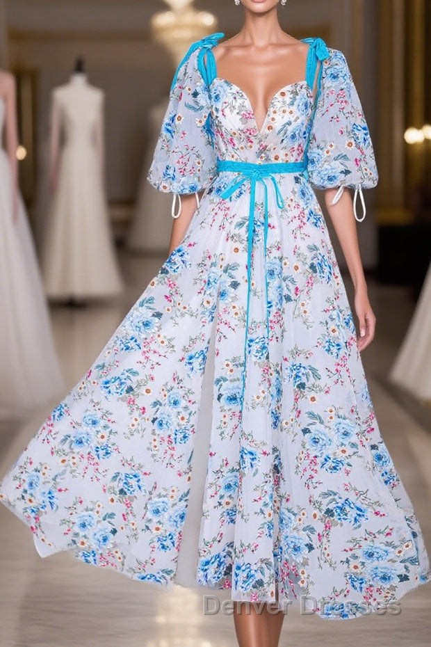 Blue and White Floral Bow Tie Straps A-line Long Prom Dress with Slit Main image