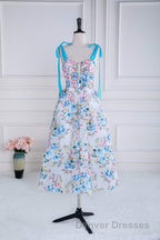 Blue and White Floral Bow Tie Straps A-line Tea-Length Prom Dress