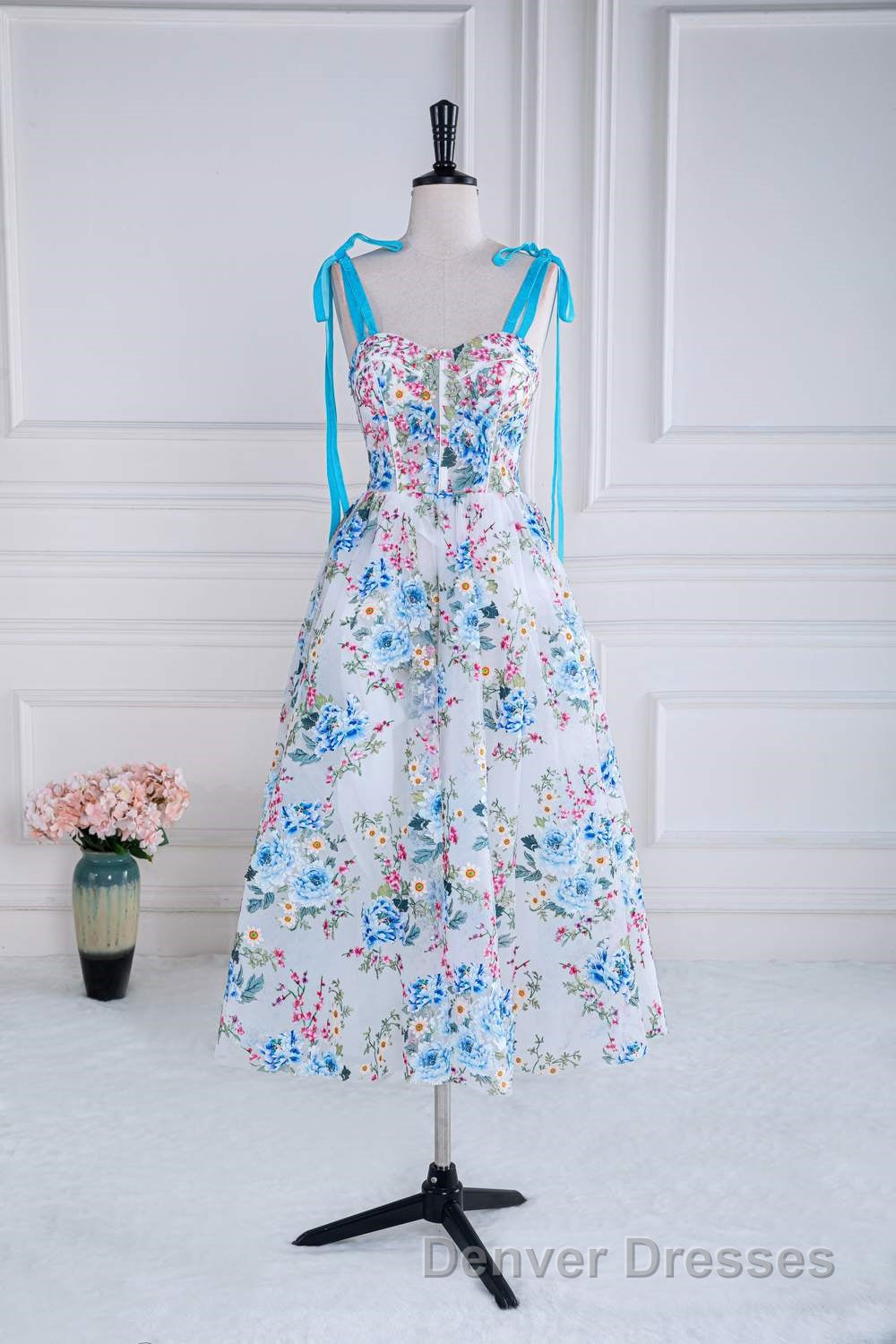 Blue and White Floral Bow Tie Straps A-line Tea-Length Prom Dress