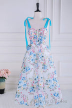 Blue and White Floral Bow Tie Straps A-line Tea-Length Prom Dress