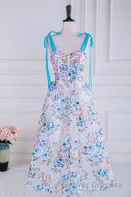 Blue and White Floral Bow Tie Straps A-line Tea-Length Prom Dress