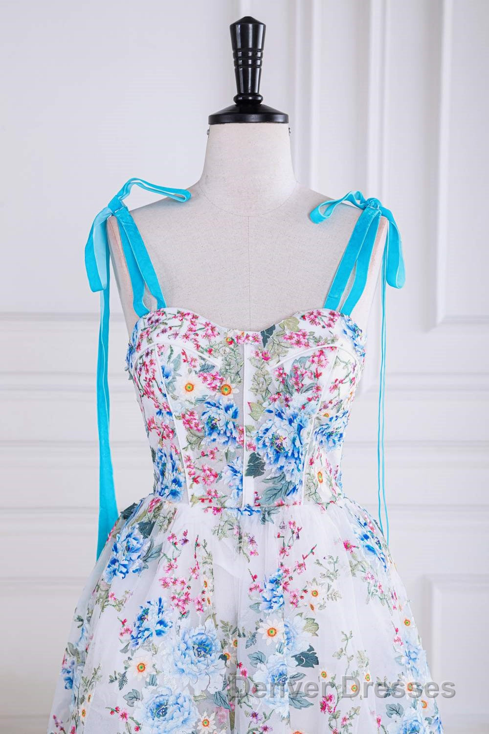 Blue and White Floral Bow Tie Straps A-line Tea-Length Prom Dress