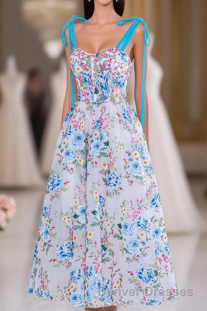 Blue and White Floral Bow Tie Straps A-line Tea-Length Prom Dress