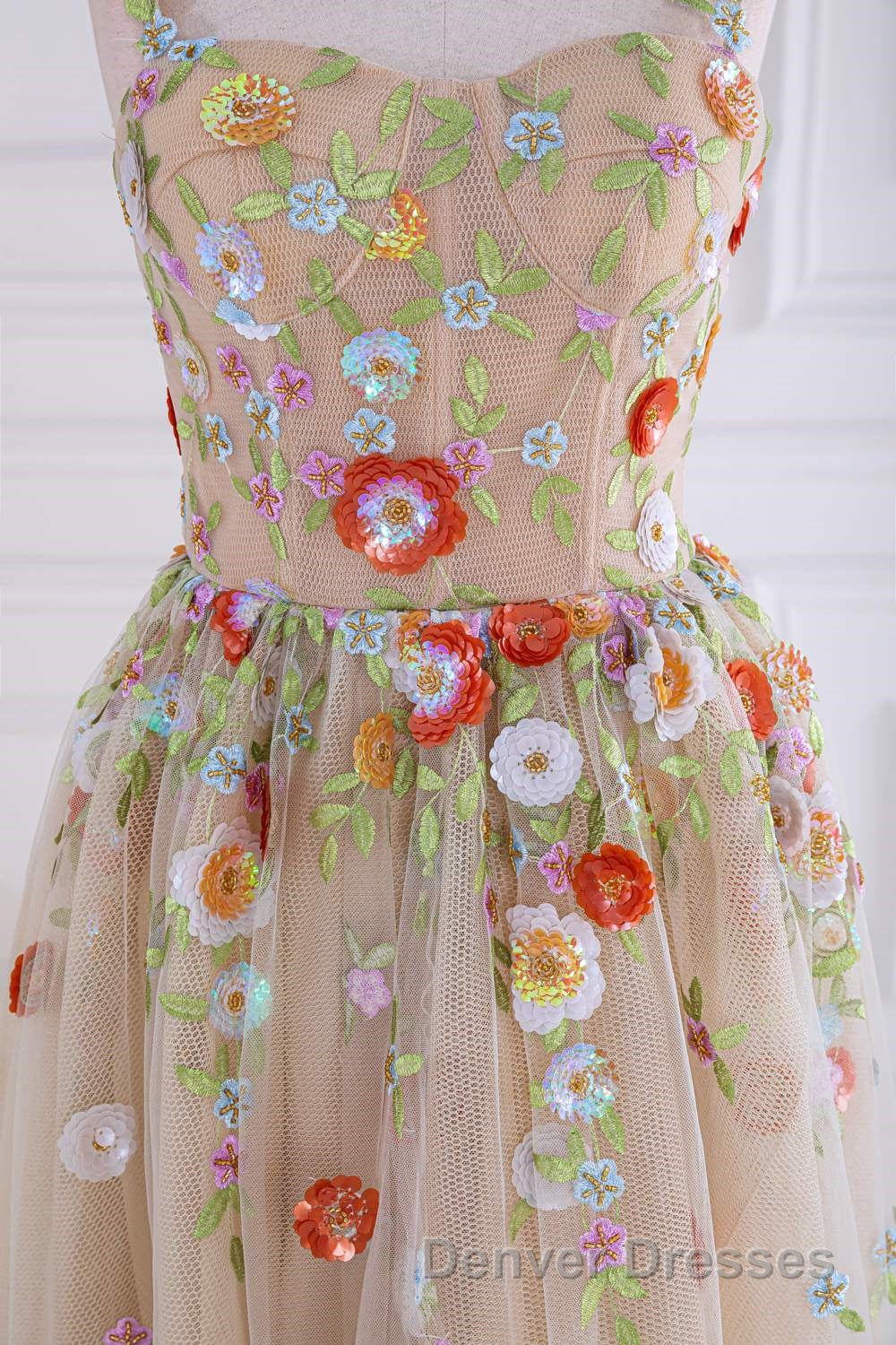 Dusty Pink Sequined Floral Appliques A-line Long Prom Dress