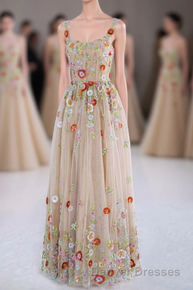 Dusty Pink Sequined Floral Appliques A-line Long Prom Dress Main image