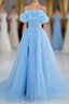 Light Blue Flowers Off-Shoulder A-line Long Prom Dress with Slit