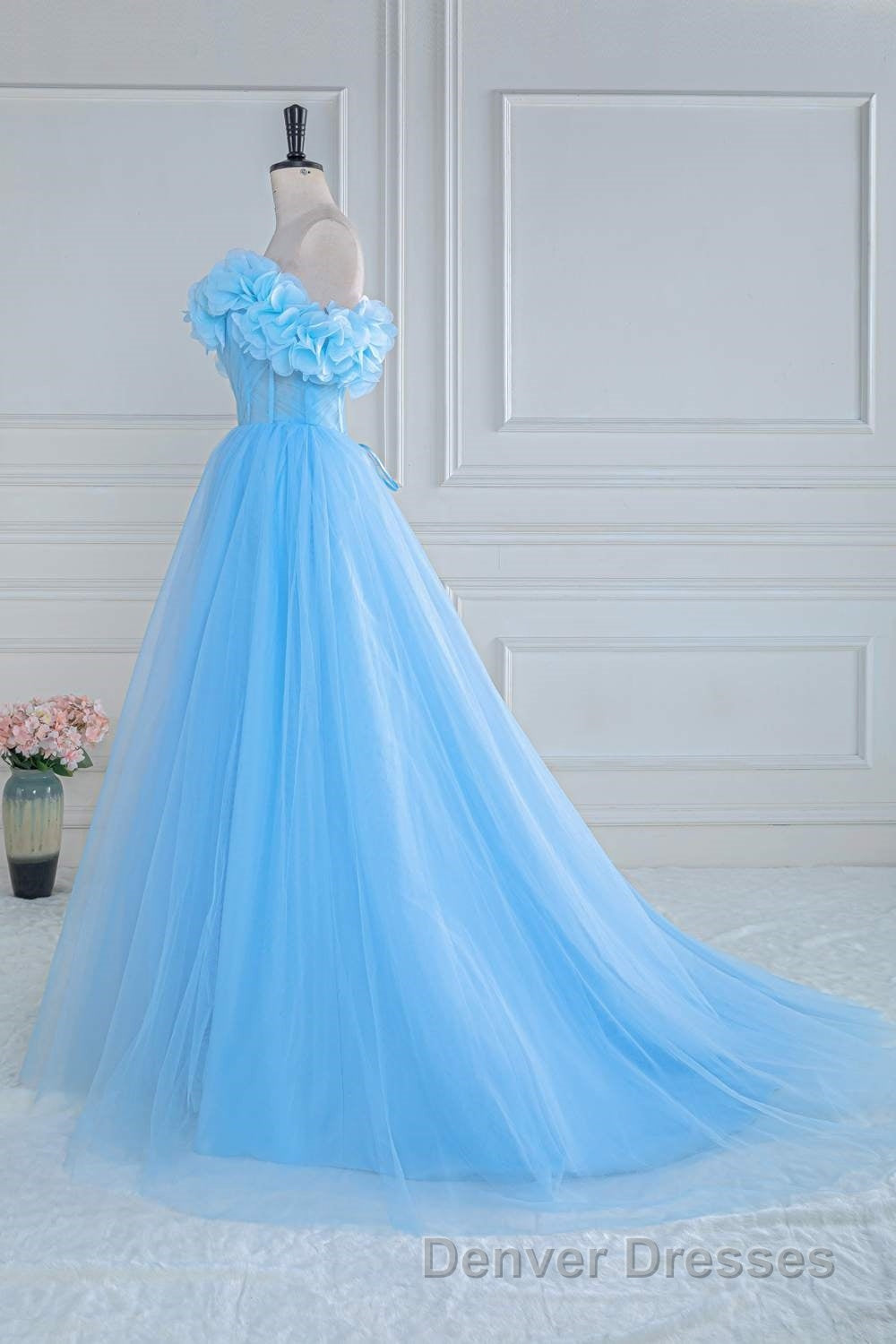 Light Blue Flowers Off-Shoulder A-line Long Prom Dress with Slit