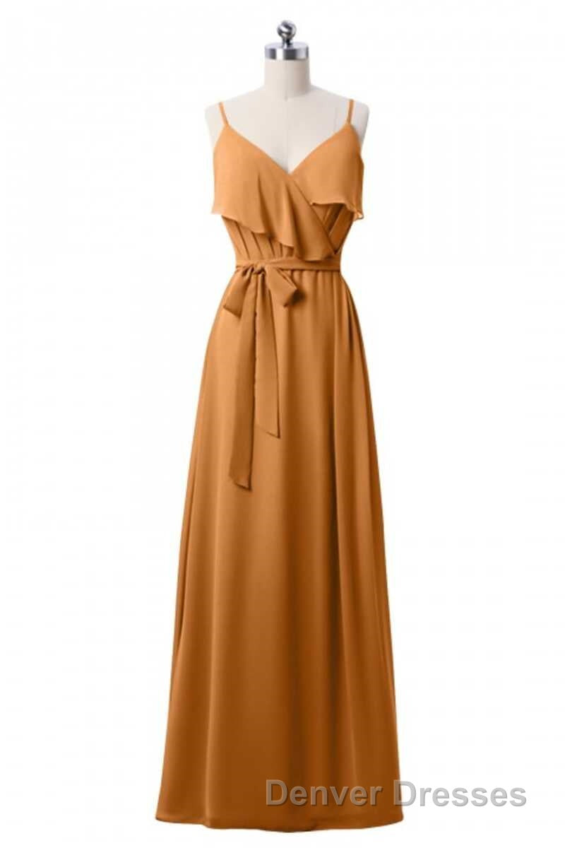 Mauve Pink Chiffon Spaghetti Straps Ruffled A-Line Bridesmaid Dress