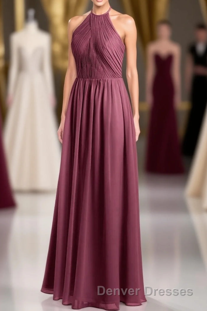 Mauve Chiffon Halter Backless A-Line Long Bridesmaid Dress Main image