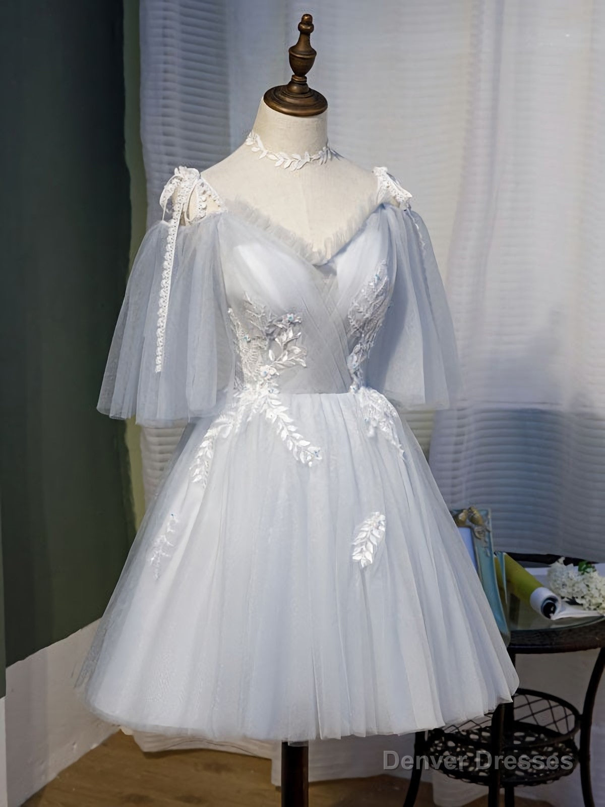 Gray Tulle Lace Short Prom Dress, Gray Tulle Homecoming Dress Main image