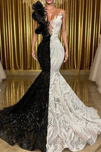 Hot Half Black Half White One shoulder Long Sleeves Mermaid Prom Dress