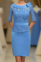 Blue Lace Crew Neck Half Sleeve Short Mother of the Bride Dress
