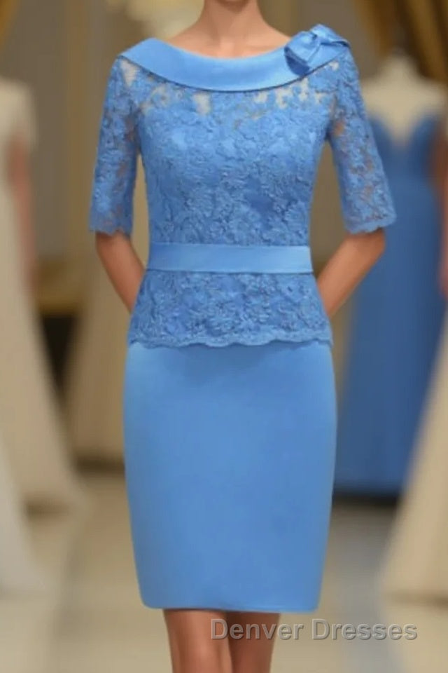 Blue Lace Crew Neck Half Sleeve Short Mother of the Bride Dress