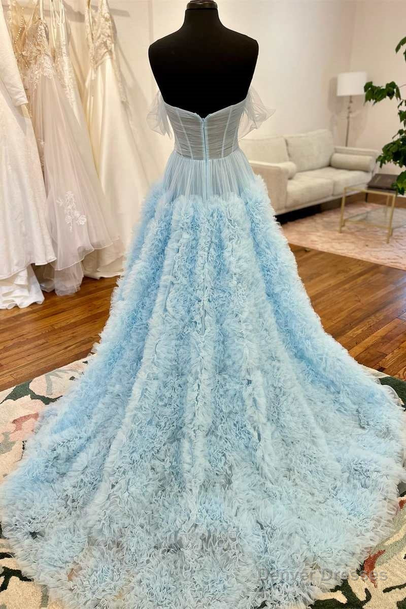 Light Blue Sheer Mesh Off-the-Shoulder Long Prom Dress with Ruffles Secondary image