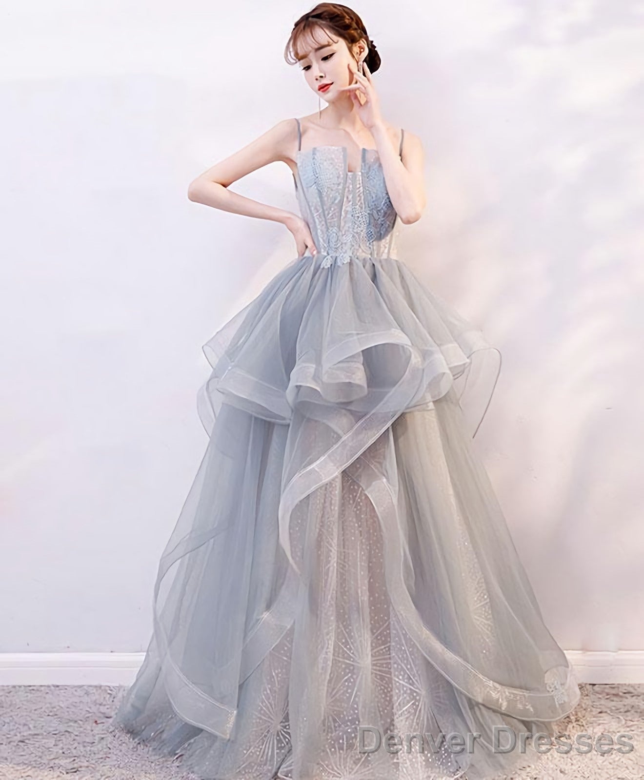 Gray Tulle Lace Long Prom Dress Gray Tulle Lace Evening Dress 2 Main image