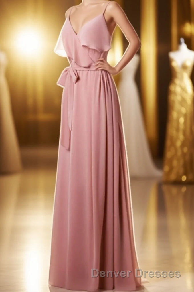 Mauve Pink Chiffon Spaghetti Straps Ruffled A-Line Bridesmaid Dress