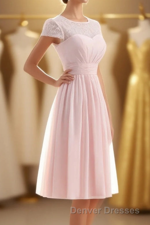 Princess Pink Chiffon and Lace Short Sleeves Bridesmaid Dress Main image