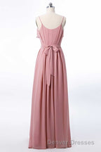 Mauve Pink Chiffon Spaghetti Straps Ruffled A-Line Bridesmaid Dress