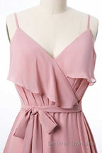 Mauve Pink Chiffon Spaghetti Straps Ruffled A-Line Bridesmaid Dress