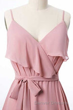 Mauve Pink Chiffon Spaghetti Straps Ruffled A-Line Bridesmaid Dress