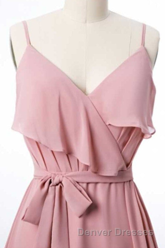 Mauve Pink Chiffon Spaghetti Straps Ruffled A-Line Bridesmaid Dress