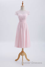 Princess Pink Chiffon and Lace Short Sleeves Bridesmaid Dress