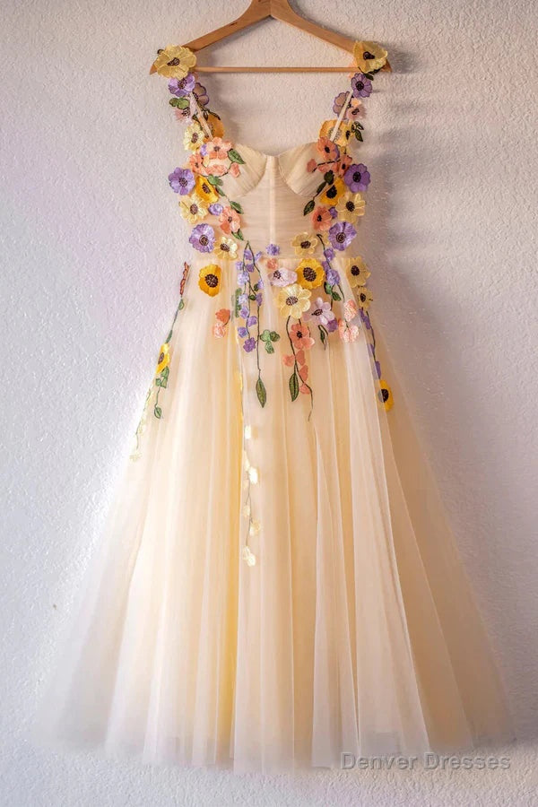 3D Flowers Champagne Tulle Short Prom Dress, Homecoming Dresses Sweet 16 Dress Main image