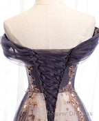 Unique Tulle Off Shoulder Lace Long Prom Dress, Lace Formal Dress