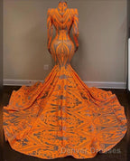 Hot Orange High neck Long Sleeves Mermaid Sequin Prom Dress