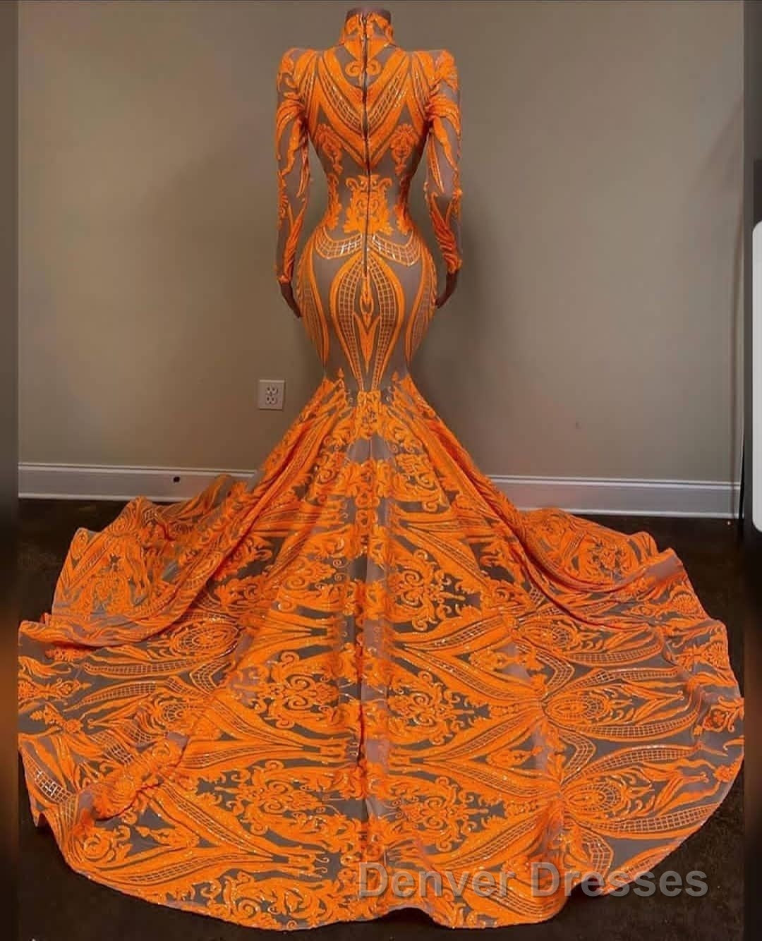 Hot Orange High neck Long Sleeves Mermaid Sequin Prom Dress